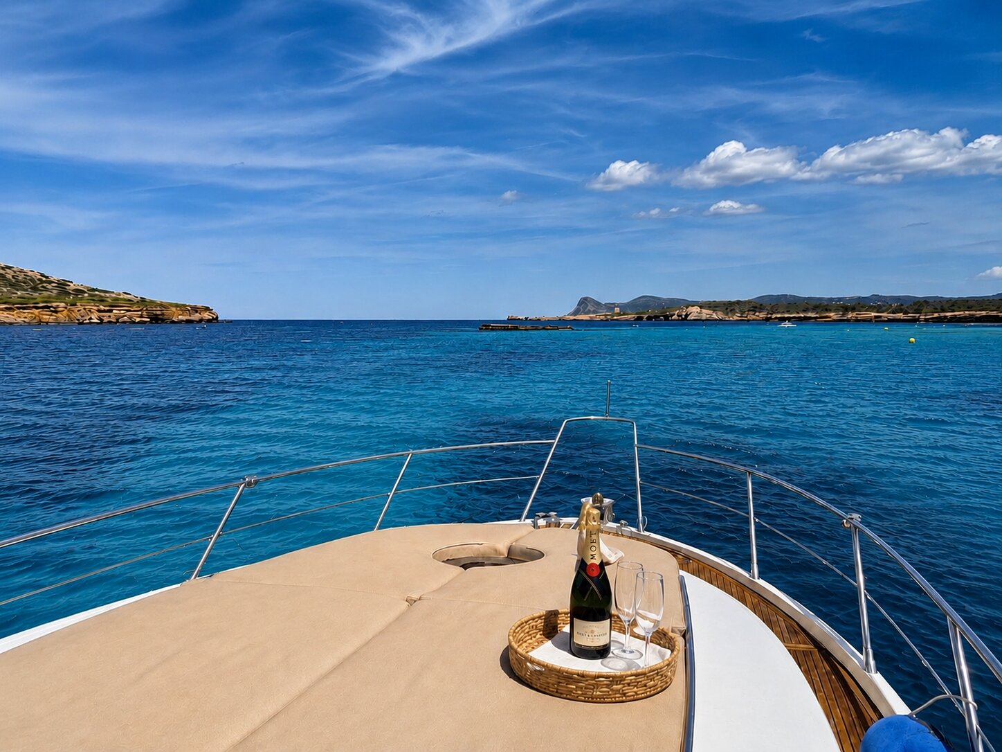 Chilled champagne in an ice bucket with crystal coupes on a teak yacht table