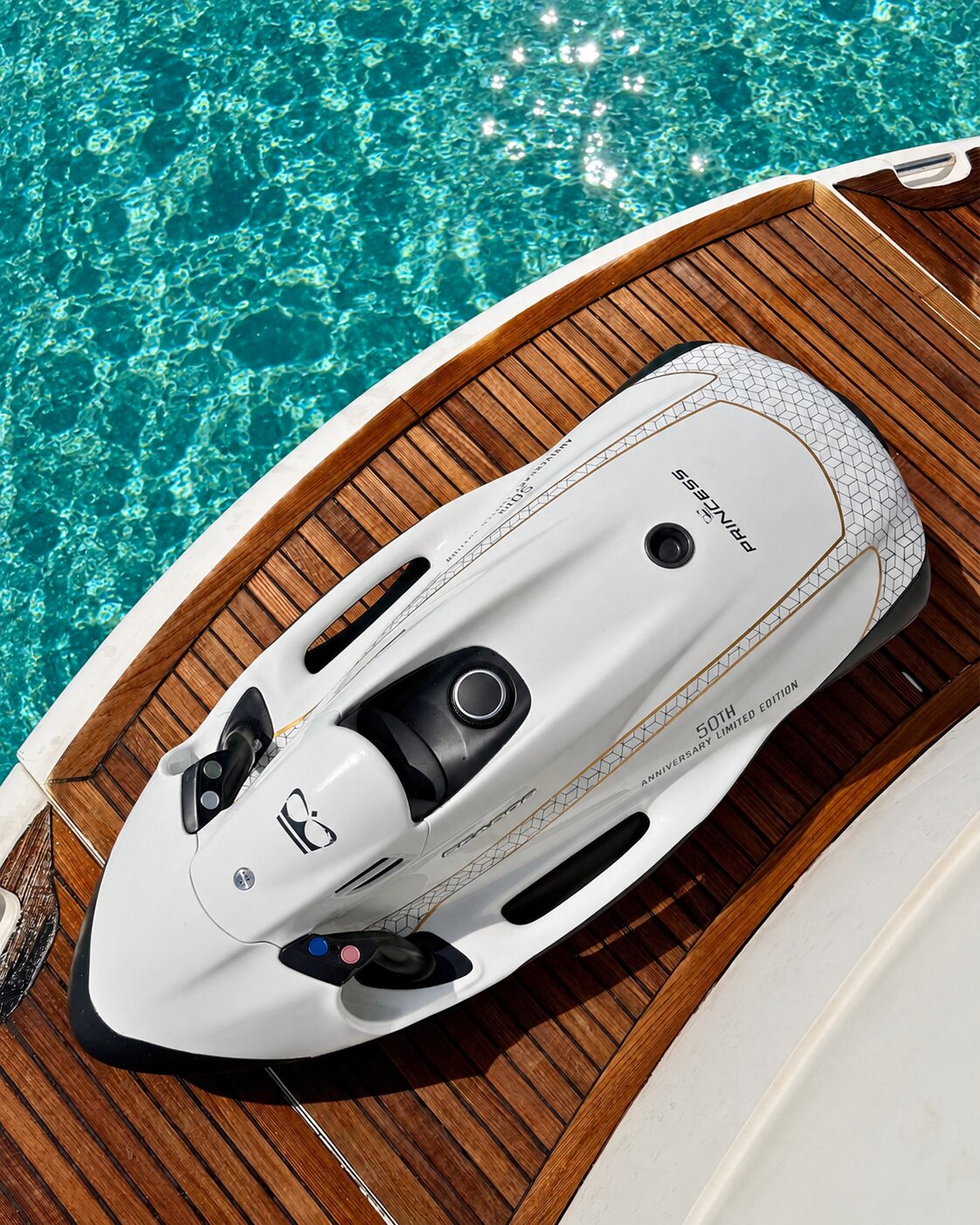 Seabob underwater next to the Vytal yacht in crystal turquoise water