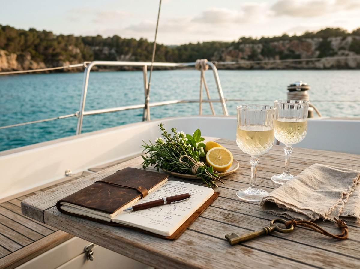 Itinerary card, leather notebook, brass key and dried herbs on a teak yacht table