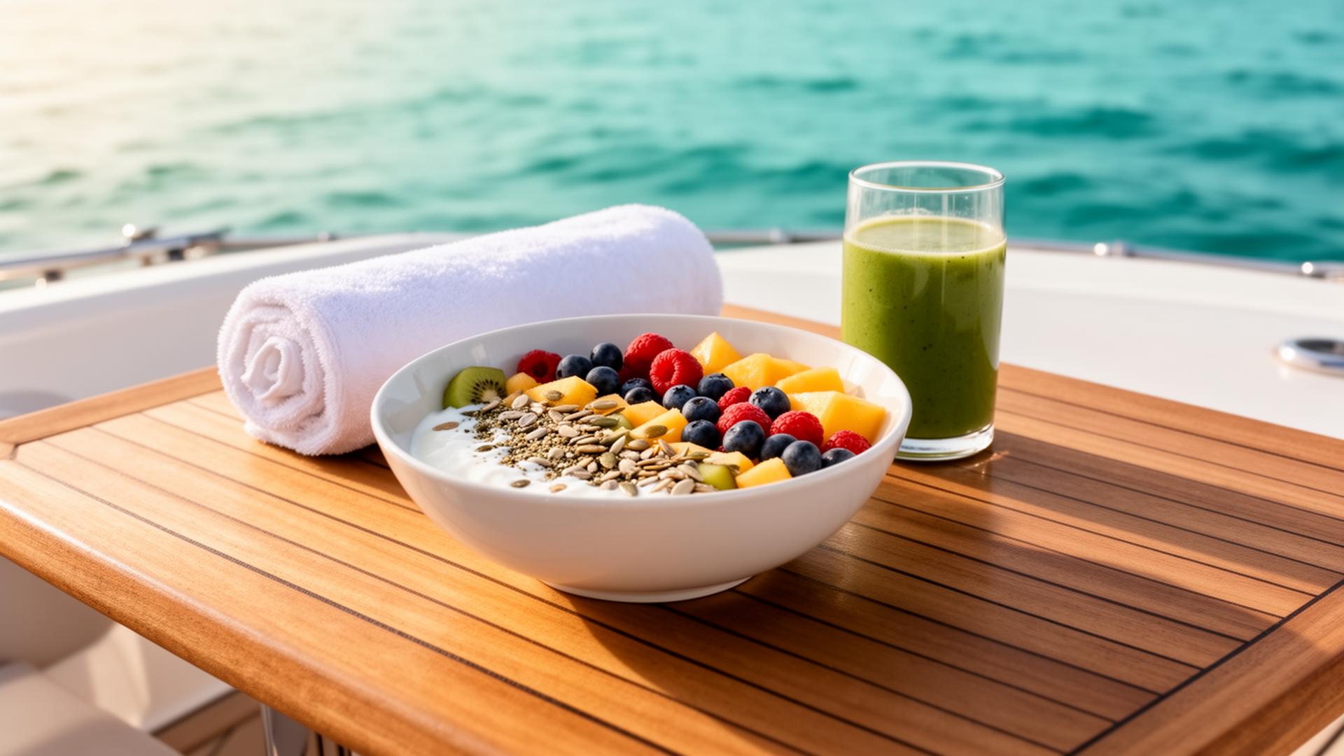 Fresh fruit bowl, smoothie and rolled towel on a teak yacht table by turquoise sea