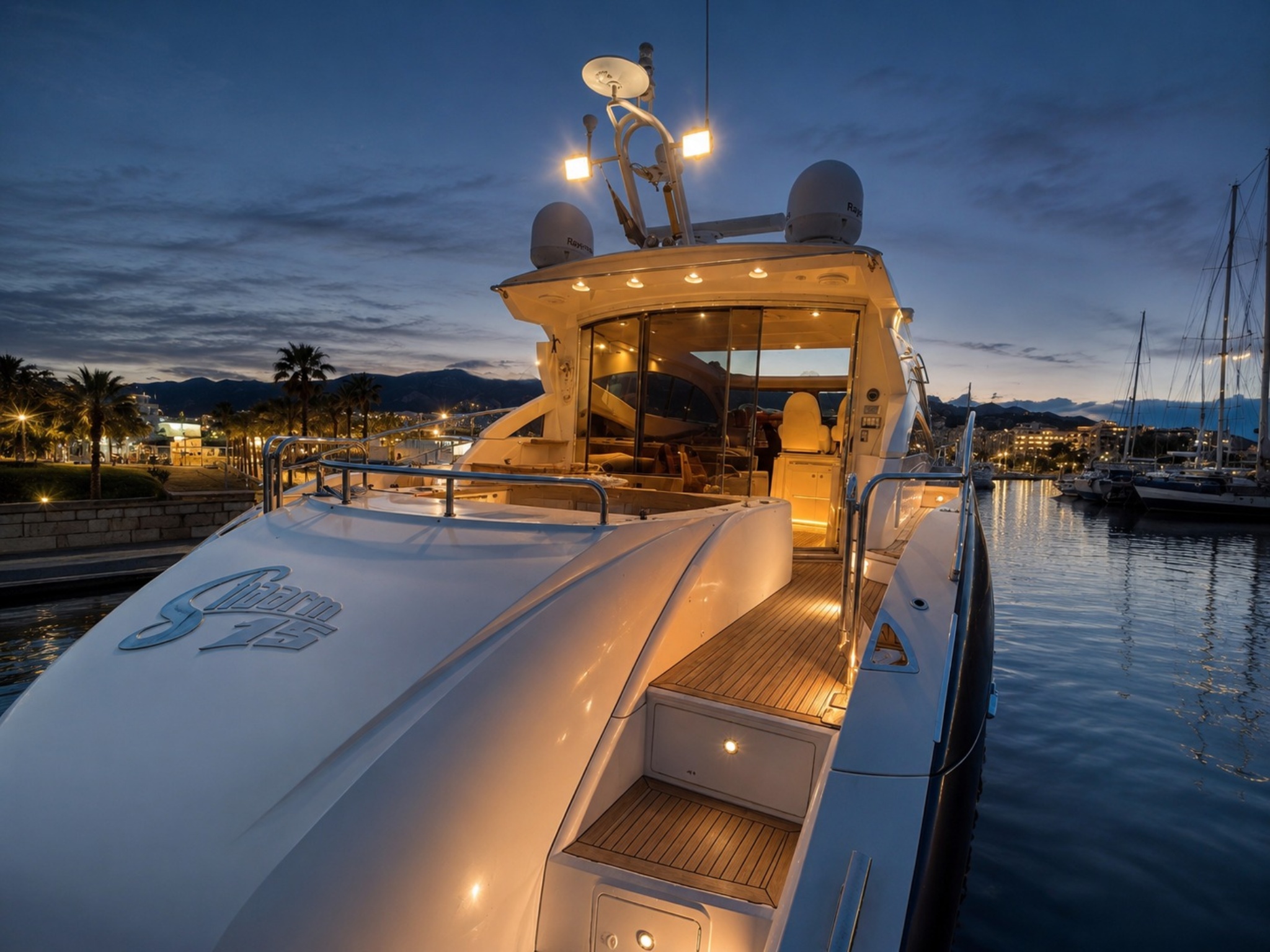Yacht exterior at night